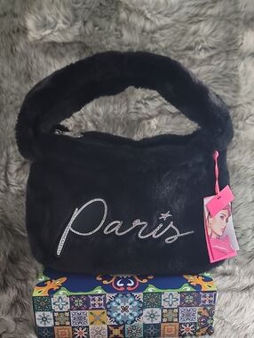 Paris Hilton Black Faux Fur Shoulder Bag